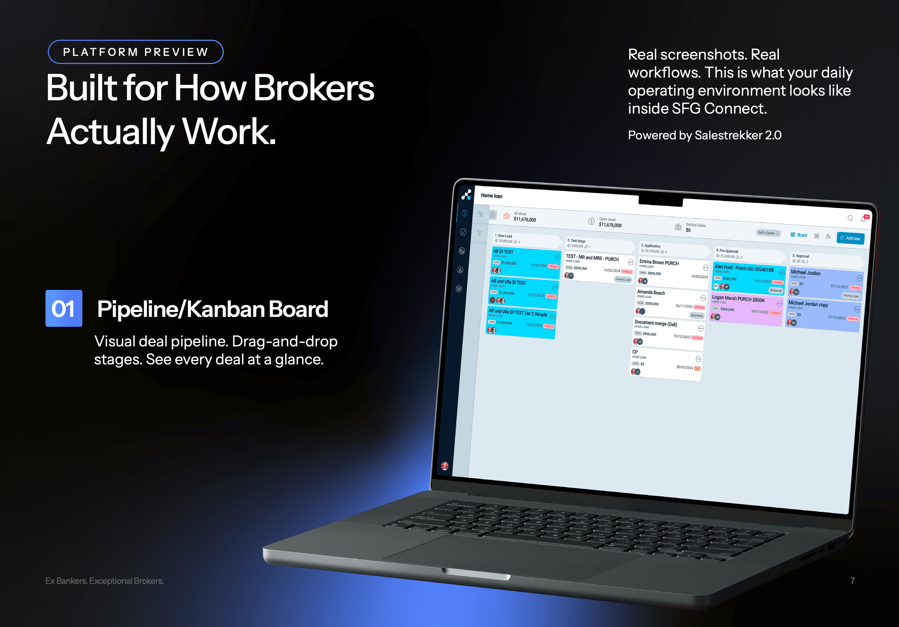SFG Connect pipeline and Kanban board — visual deal pipeline with drag-and-drop stages, powered by Salestrekker 2.0