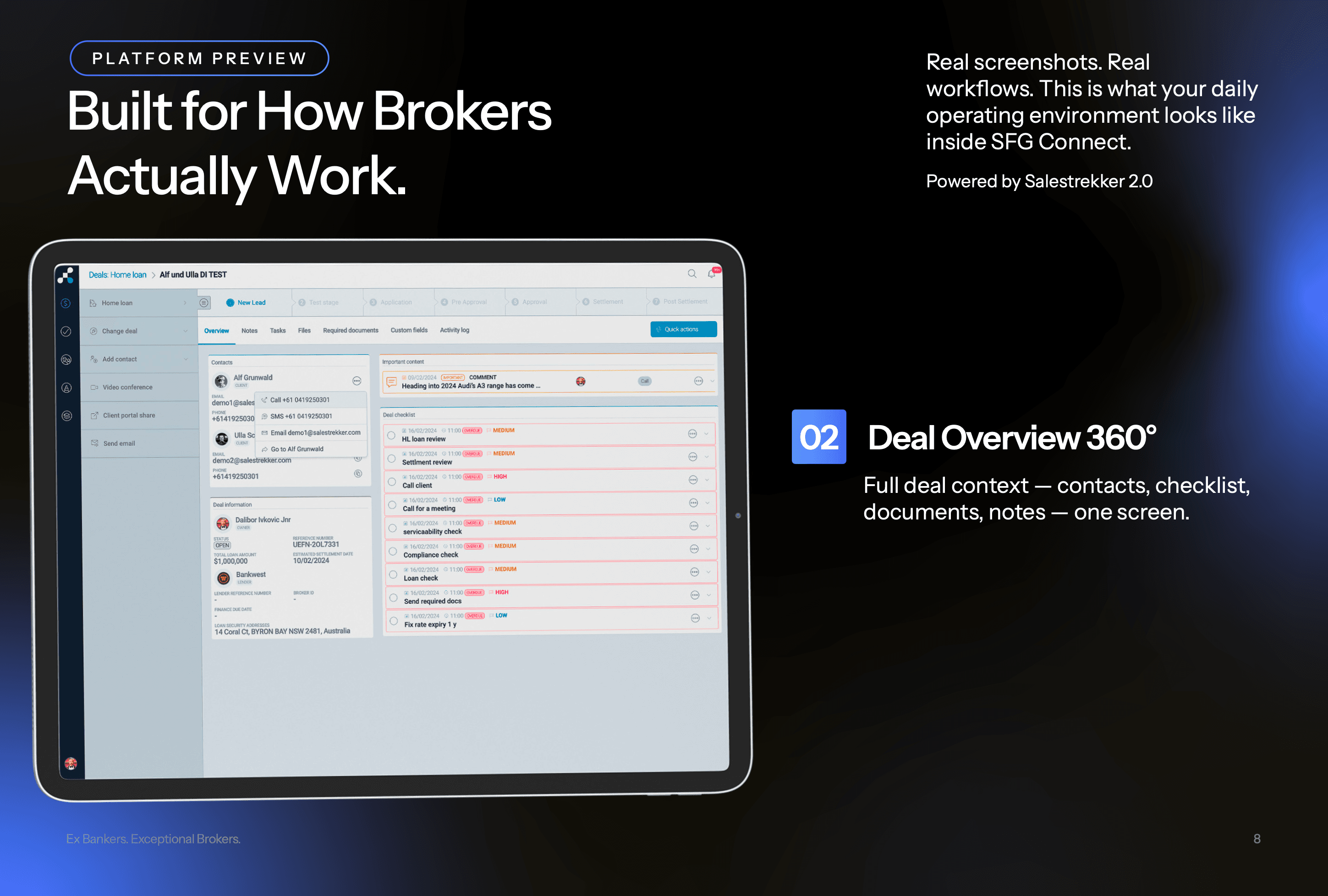 SFG Connect Deal Overview 360 — full deal context with contacts, checklist, documents and notes on one screen