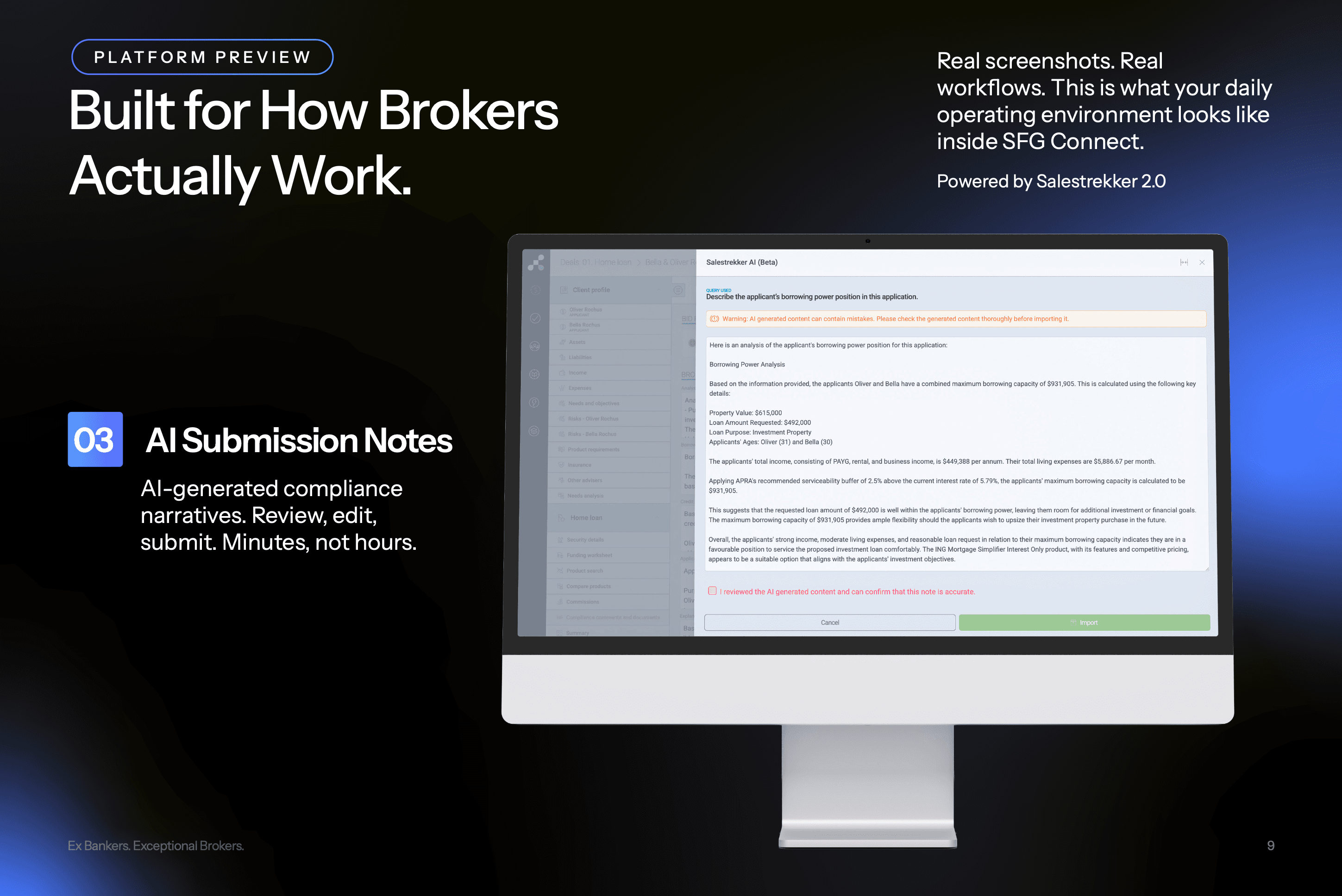 SFG Connect AI submission notes — AI-generated compliance narratives and borrowing power analysis you review, edit and submit